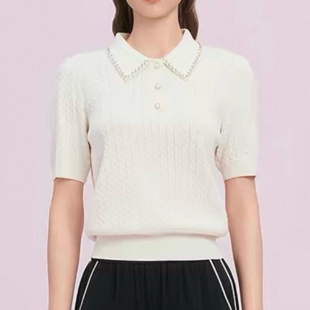 Embellished-Collar Wool & Silk Cream Short Sleeve Knit Polo Top